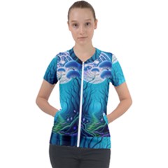 Blue Forrest Jungle,tree Trees Nature Landscape Short Sleeve Zip Up Jacket by Uceng