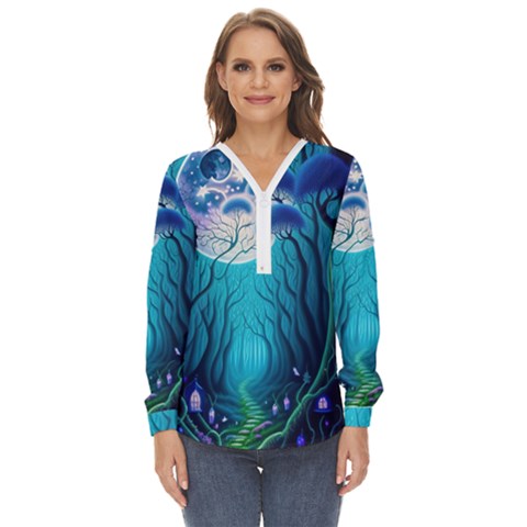 Blue Forrest Jungle,tree Trees Nature Landscape Zip Up Long Sleeve Blouse by Uceng