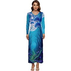 Blue Forrest Jungle,tree Trees Nature Landscape Long Sleeve Longline Maxi Dress by Uceng