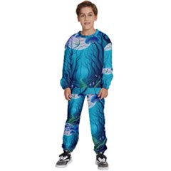 Blue Forrest Jungle,tree Trees Nature Landscape Kids  Sweatshirt Set