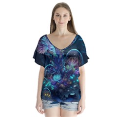 Fantasy People Mysticism Composing Fairytale Art 3 V-neck Flutter Sleeve Top by Uceng