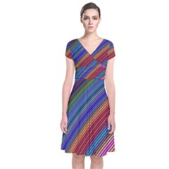 Multicolored Stripe Curve Striped Background Short Sleeve Front Wrap Dress by Uceng