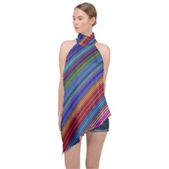 Multicolored Stripe Curve Striped Background Halter Asymmetric Satin Top by Uceng