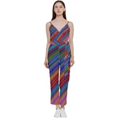 Multicolored Stripe Curve Striped Background V-neck Spaghetti Strap Tie Front Jumpsuit by Uceng