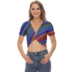 Multicolored Stripe Curve Striped Background Twist Front Crop Top by Uceng