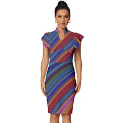 Multicolored Stripe Curve Striped Background Vintage Frill Sleeve V-neck Bodycon Dress by Uceng