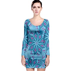 Flower Template Mandala Nature Blue Sketch Drawing Long Sleeve Bodycon Dress by Uceng