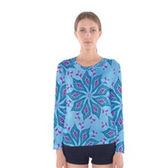 Flower Template Mandala Nature Blue Sketch Drawing Women s Long Sleeve Tee