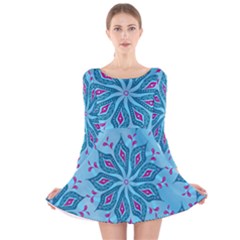 Flower Template Mandala Nature Blue Sketch Drawing Long Sleeve Velvet Skater Dress