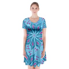 Flower Template Mandala Nature Blue Sketch Drawing Short Sleeve V-neck Flare Dress by Uceng