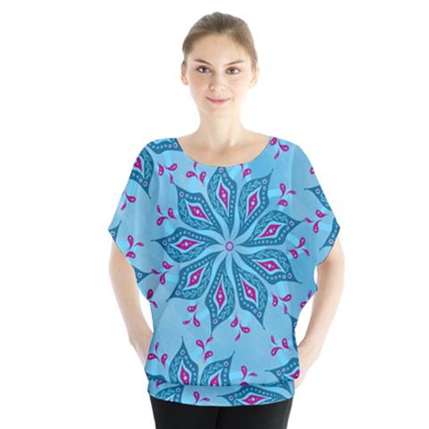 Flower Template Mandala Nature Blue Sketch Drawing Batwing Chiffon Blouse by Uceng