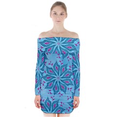 Flower Template Mandala Nature Blue Sketch Drawing Long Sleeve Off Shoulder Dress by Uceng