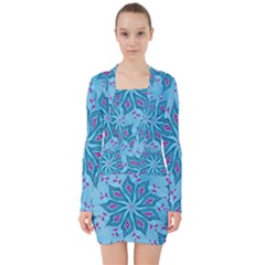 Flower Template Mandala Nature Blue Sketch Drawing V-neck Bodycon Long Sleeve Dress by Uceng