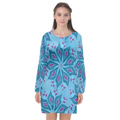 Flower Template Mandala Nature Blue Sketch Drawing Long Sleeve Chiffon Shift Dress  by Uceng