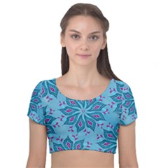 Flower Template Mandala Nature Blue Sketch Drawing Velvet Short Sleeve Crop Top  by Uceng