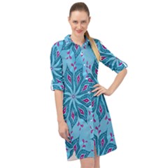 Flower Template Mandala Nature Blue Sketch Drawing Long Sleeve Mini Shirt Dress by Uceng