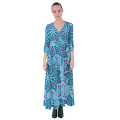 Flower Template Mandala Nature Blue Sketch Drawing Button Up Maxi Dress by Uceng