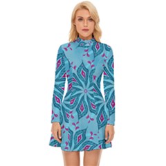 Flower Template Mandala Nature Blue Sketch Drawing Long Sleeve Velour Longline Dress by Uceng