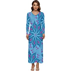 Flower Template Mandala Nature Blue Sketch Drawing Long Sleeve Longline Maxi Dress by Uceng