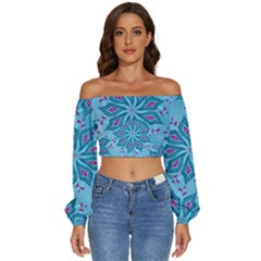 Flower Template Mandala Nature Blue Sketch Drawing Long Sleeve Crinkled Weave Crop Top by Uceng