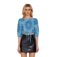 Flower Template Mandala Nature Blue Sketch Drawing Mid Sleeve Drawstring Hem Top by Uceng