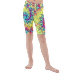 Fractal Spiral Abstract Background Vortex Yellow Kids  Mid Length Swim Shorts by Uceng