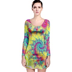 Fractal Spiral Abstract Background Vortex Yellow Long Sleeve Bodycon Dress by Uceng