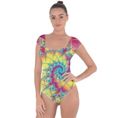 Fractal Spiral Abstract Background Vortex Yellow Short Sleeve Leotard  by Uceng