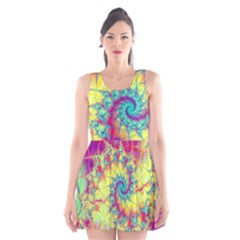 Fractal Spiral Abstract Background Vortex Yellow Scoop Neck Skater Dress by Uceng