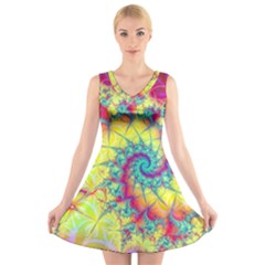 Fractal Spiral Abstract Background Vortex Yellow V-neck Sleeveless Dress by Uceng