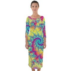 Fractal Spiral Abstract Background Vortex Yellow Quarter Sleeve Midi Bodycon Dress by Uceng