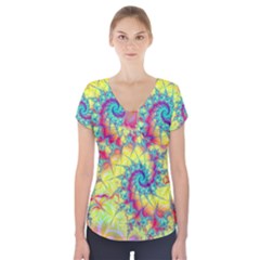 Fractal Spiral Abstract Background Vortex Yellow Short Sleeve Front Detail Top by Uceng