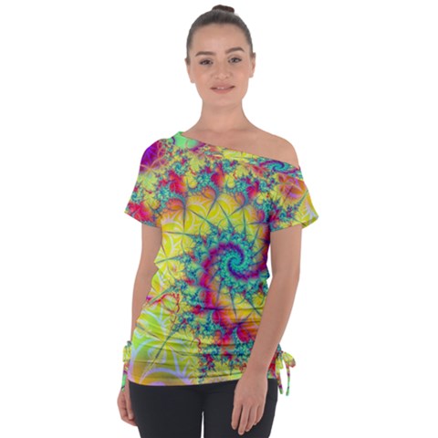 Fractal Spiral Abstract Background Vortex Yellow Off Shoulder Tie-up Tee by Uceng