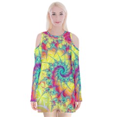 Fractal Spiral Abstract Background Vortex Yellow Velvet Long Sleeve Shoulder Cutout Dress by Uceng