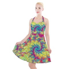 Fractal Spiral Abstract Background Vortex Yellow Halter Party Swing Dress  by Uceng