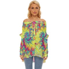 Fractal Spiral Abstract Background Vortex Yellow Off Shoulder Chiffon Pocket Shirt by Uceng