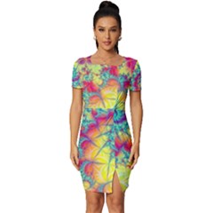 Fractal Spiral Abstract Background Vortex Yellow Fitted Knot Split End Bodycon Dress by Uceng