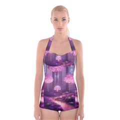 Trees Forest Landscape Nature Neon Boyleg Halter Swimsuit  by Uceng