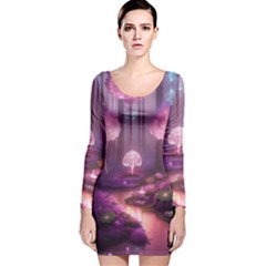 Trees Forest Landscape Nature Neon Long Sleeve Velvet Bodycon Dress