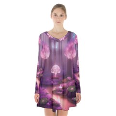 Trees Forest Landscape Nature Neon Long Sleeve Velvet V-neck Dress