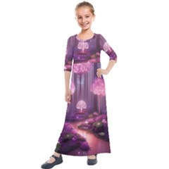 Trees Forest Landscape Nature Neon Kids  Quarter Sleeve Maxi Dress by Uceng