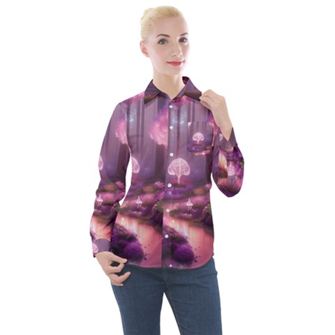 Trees Forest Landscape Nature Neon Women s Long Sleeve Pocket Shirt by Uceng