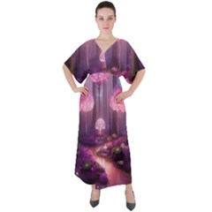 Trees Forest Landscape Nature Neon V-neck Boho Style Maxi Dress by Uceng