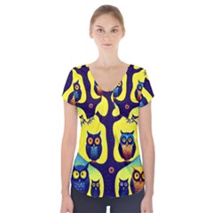 Owl Animal Cartoon Drawing Tree Nature Landscape Short Sleeve Front Detail Top by Uceng