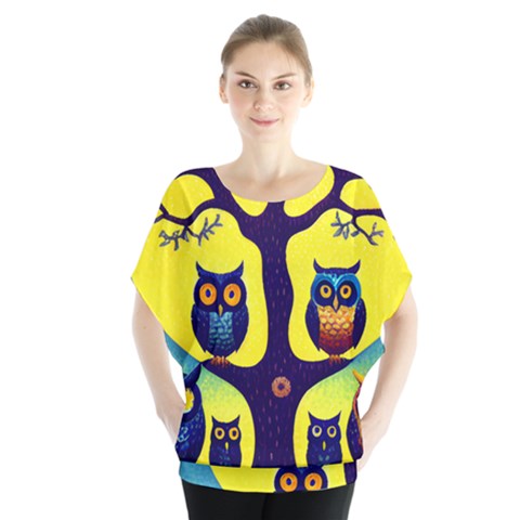 Owl Animal Cartoon Drawing Tree Nature Landscape Batwing Chiffon Blouse by Uceng