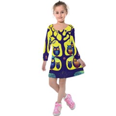 Owl Animal Cartoon Drawing Tree Nature Landscape Kids  Long Sleeve Velvet Dress