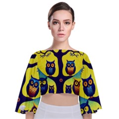 Owl Animal Cartoon Drawing Tree Nature Landscape Tie Back Butterfly Sleeve Chiffon Top by Uceng