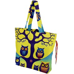 Owl Animal Cartoon Drawing Tree Nature Landscape Drawstring Tote Bag by Uceng