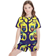 Owl Animal Cartoon Drawing Tree Nature Landscape Kids  Tee And Sports Shorts Set by Uceng