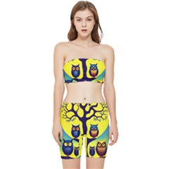 Owl Animal Cartoon Drawing Tree Nature Landscape Stretch Shorts And Tube Top Set by Uceng